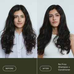 Before and after Living Proof No Frizz Shampoo and Conditioner on long frizzy dark waves for smooth shiny hair