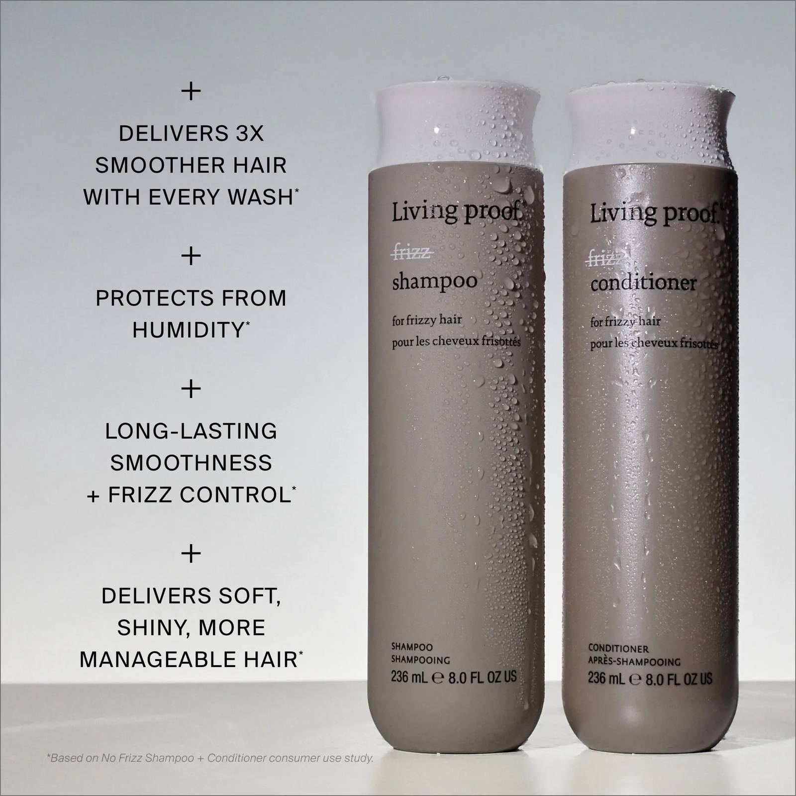 Living Proof No Frizz Shampoo and Conditioner bottles with benefits for humidity protection and lasting frizz control
