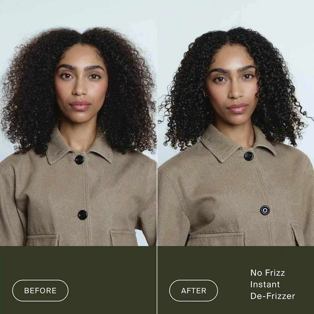 Before and after Living Proof No Frizz Instant De-Frizzer turning frizzy curly hair into defined curls