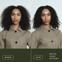 Before and after Living Proof No Frizz Instant De-Frizzer turning frizzy curly hair into defined curls