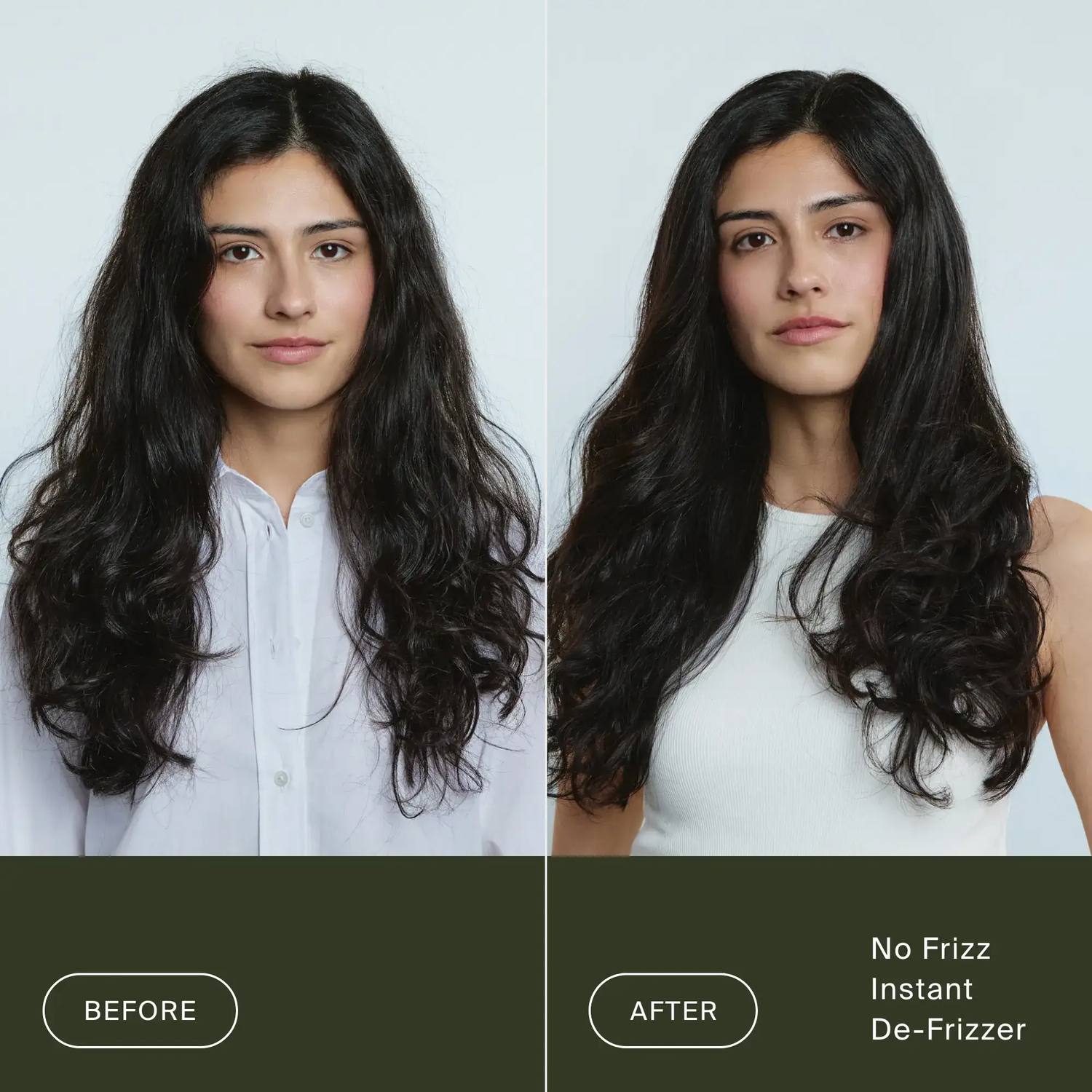 Before and after Living Proof No Frizz Instant De-Frizzer on long frizzy dark waves for smooth glossy hair