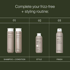 Living Proof frizz-free routine with No Frizz Shampoo and Conditioner Smooth Styling Cream and Instant De-Frizzer
