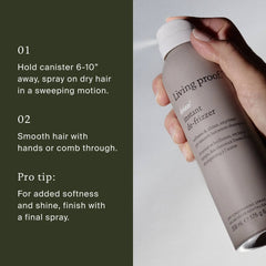 How to use Living Proof No Frizz Instant De-Frizzer by spraying 6 to 10 inches from dry hair then smoothing
