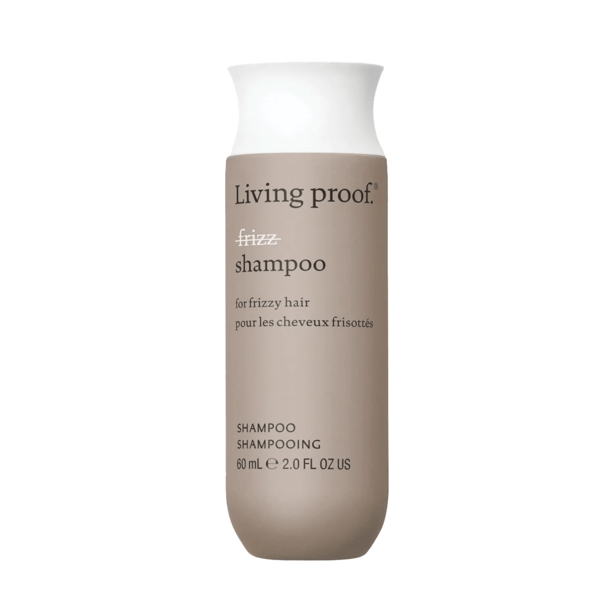Living Proof No Frizz Shampoo 2 oz travel size bottle for frizzy hair with white cap