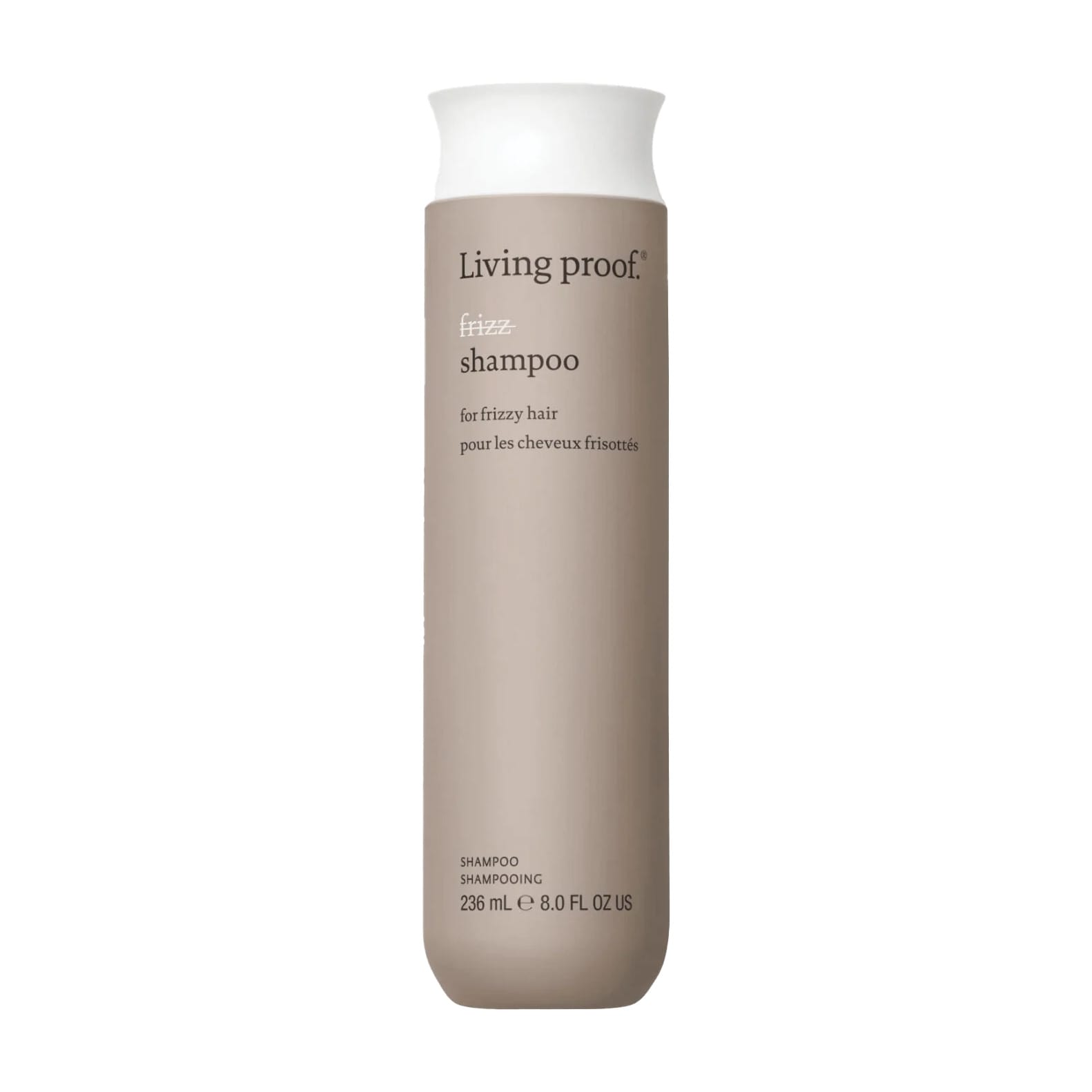 Living Proof No Frizz Shampoo 8 oz smoothing shampoo bottle for frizzy hair on white