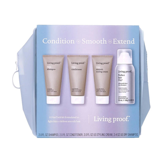 Living Proof No Frizz travel kit with shampoo conditioner smooth styling cream and dry shampoo in a periwinkle zip bag