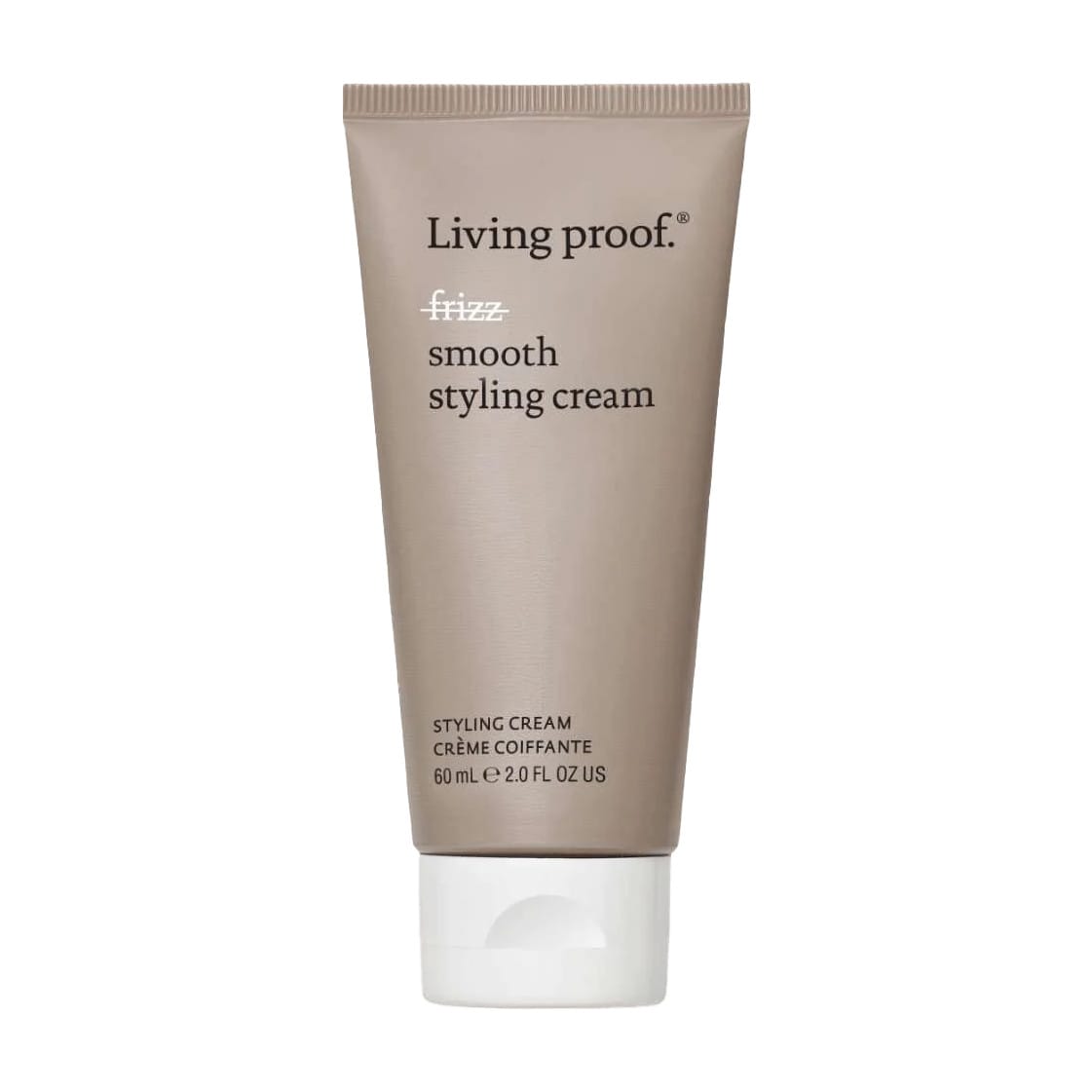 Living Proof No Frizz Smooth Styling Cream 2 oz travel size squeeze tube for frizz-free smooth hair on white