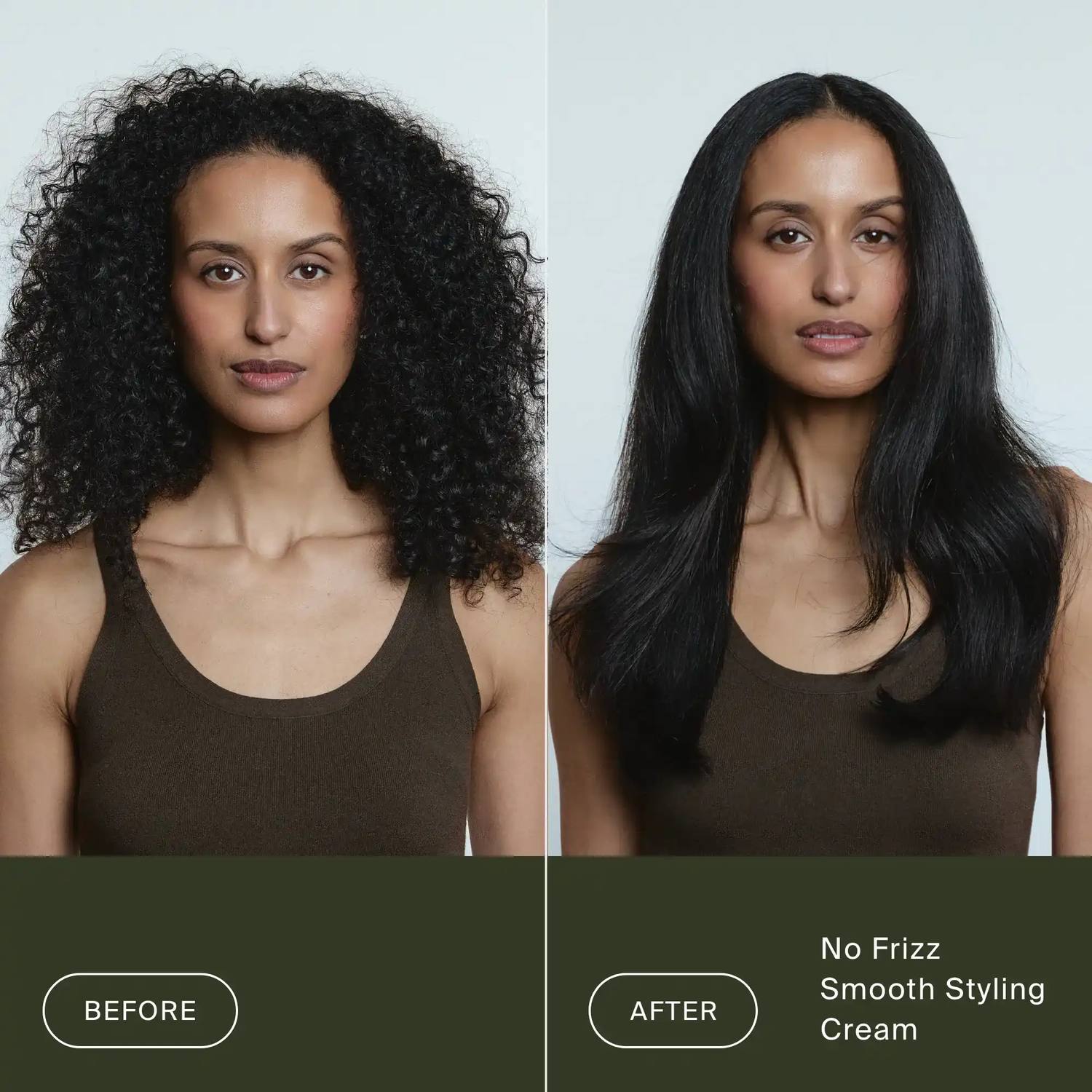 Before and after Living Proof No Frizz Smooth Styling Cream turning frizzy curly hair into a sleek smooth blowout