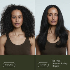 Before and after Living Proof No Frizz Smooth Styling Cream turning frizzy curly hair into a sleek smooth blowout