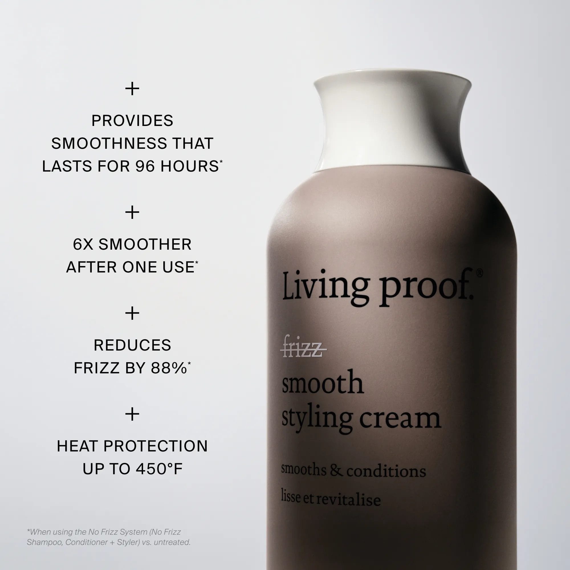 Living Proof No Frizz Smooth Styling Cream benefits 6x smoother hair 88 percent less frizz and heat protection to 450F