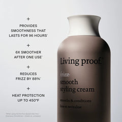 Living Proof No Frizz Smooth Styling Cream benefits 6x smoother hair 88 percent less frizz and heat protection to 450F
