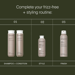 Living Proof frizz-free routine with No Frizz Shampoo and Conditioner Smooth Styling Cream and Instant De-Frizzer