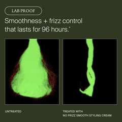 Lab proof of untreated hair vs hair treated with Living Proof No Frizz Smooth Styling Cream for 96 hours of frizz control