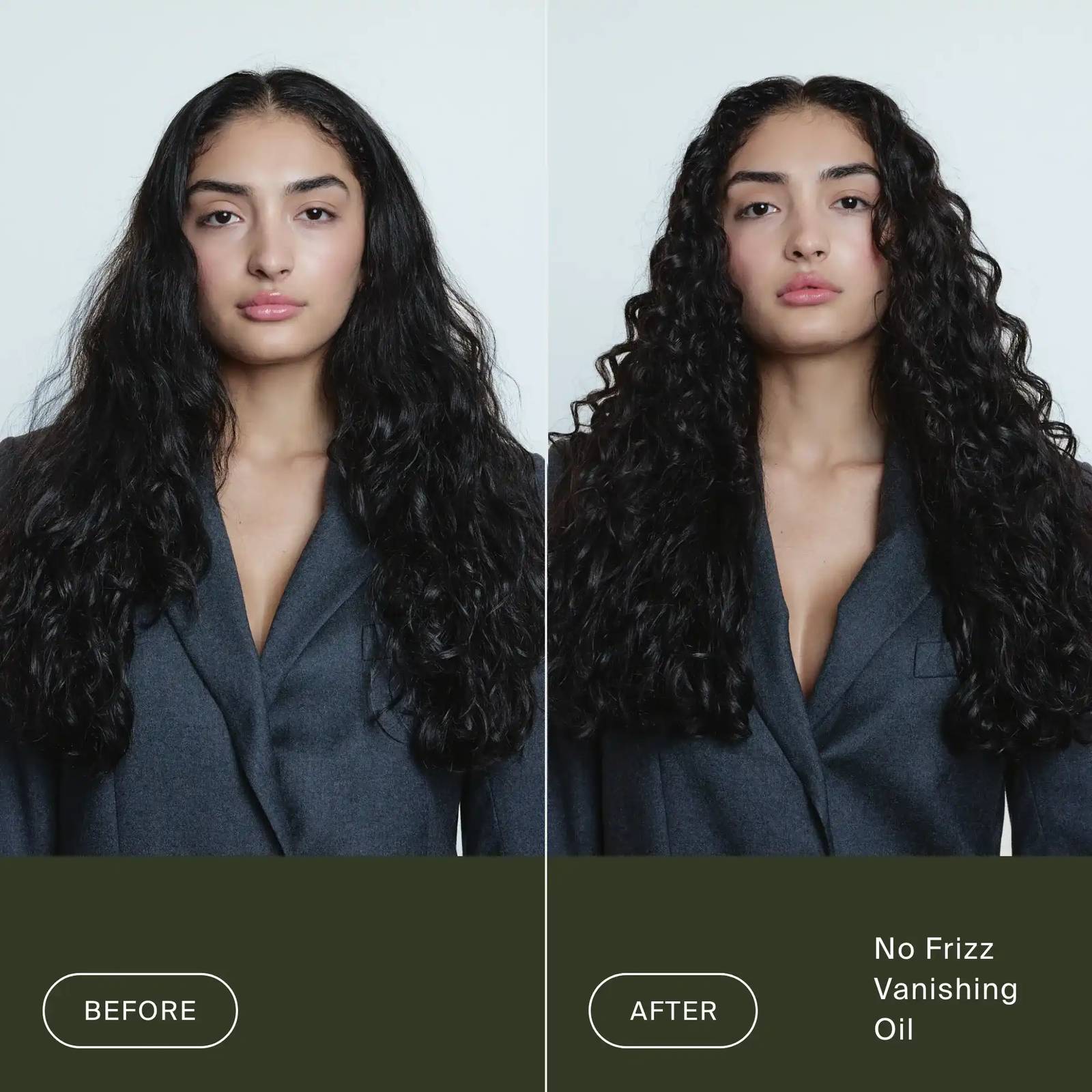 Before and after Living Proof No Frizz Vanishing Oil on long frizzy curly hair for smooth defined shiny curls