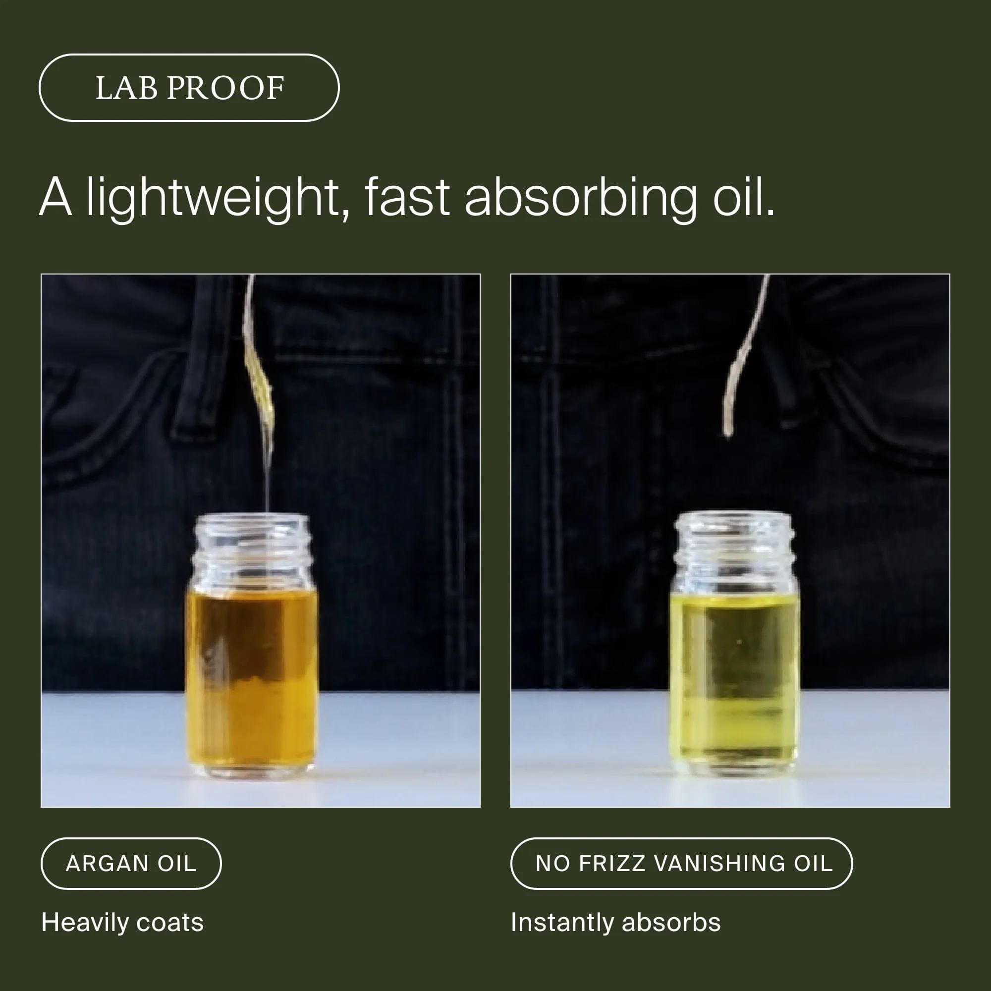 Lab proof showing argan oil heavily coating hair while Living Proof No Frizz Vanishing Oil instantly absorbs