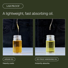 Lab proof showing argan oil heavily coating hair while Living Proof No Frizz Vanishing Oil instantly absorbs