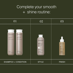 Living Proof smooth and shine routine with No Frizz Shampoo and Conditioner Smooth Styling Cream and Vanishing Oil