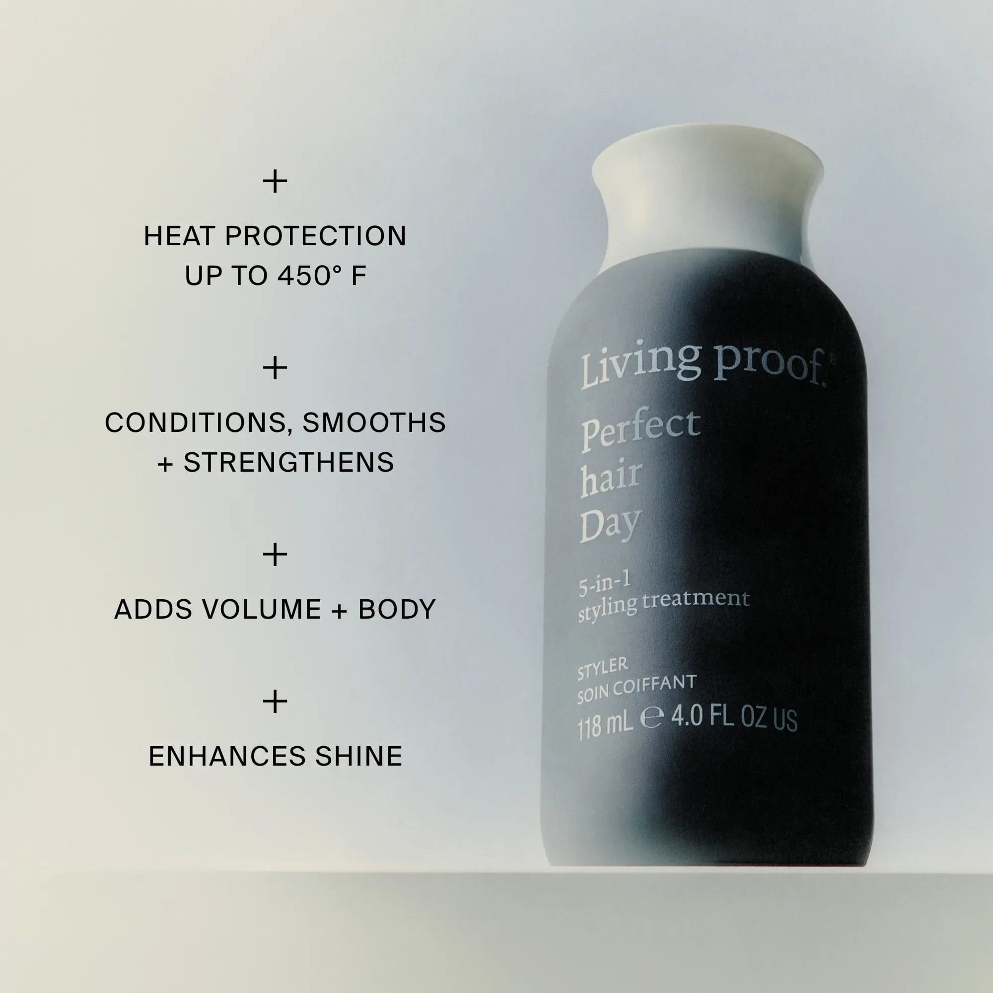Living Proof 5-in-1 Styling Treatment benefits heat protection to 450F conditioning volume body and shine