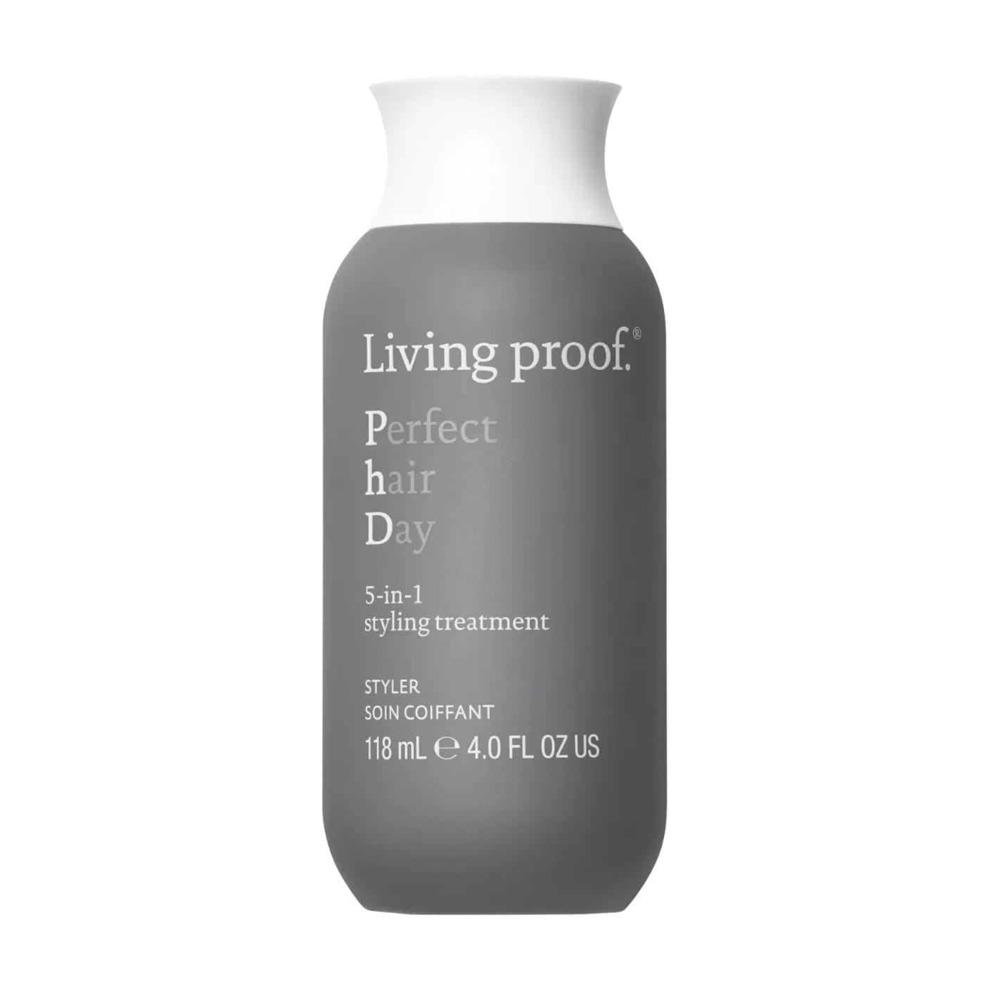 Living Proof Perfect Hair Day 5-in-1 Styling Treatment 4 oz bottle that styles and treats hair on white