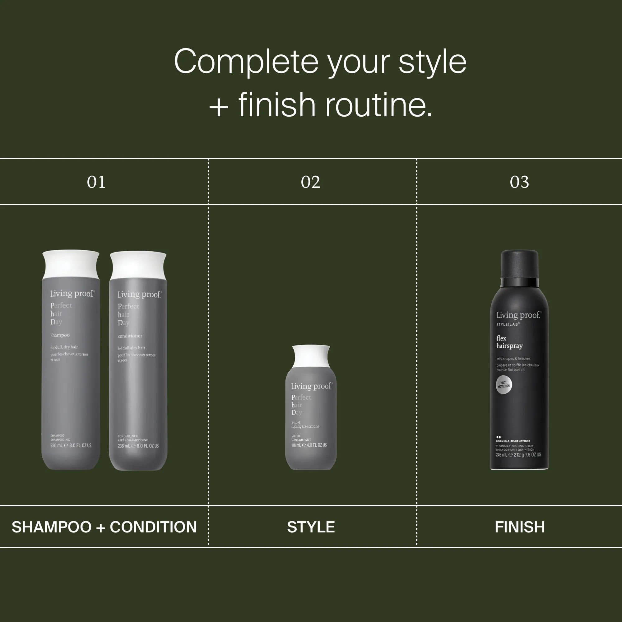 Perfect Hair Day routine with Shampoo and Conditioner 5-in-1 Styling Treatment and Living Proof Flex Hairspray