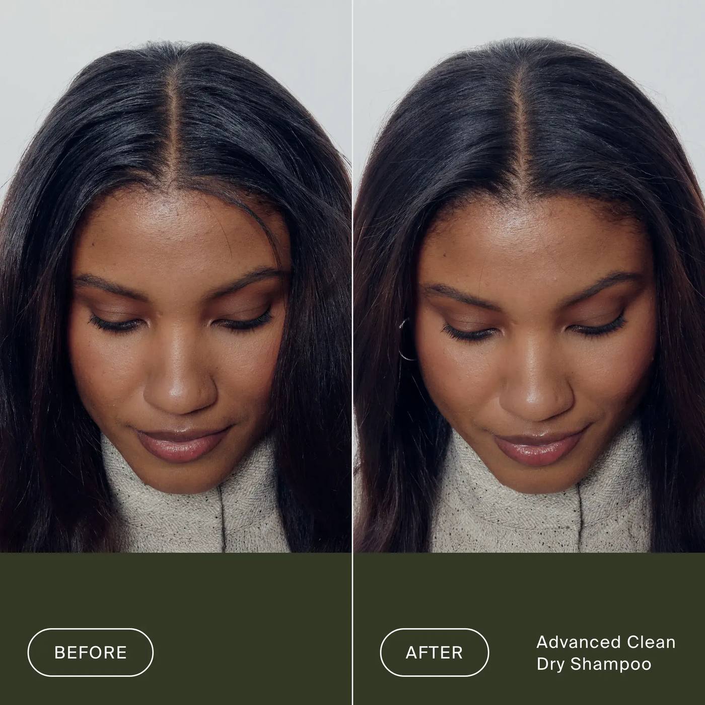 Before and after Advanced Clean Dry Shampoo on dark hair with a center part showing refreshed roots and less oil