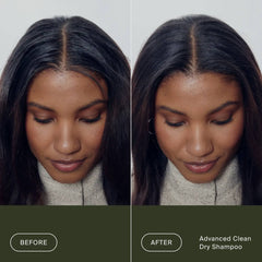Before and after Advanced Clean Dry Shampoo on dark hair with a center part showing refreshed roots and less oil