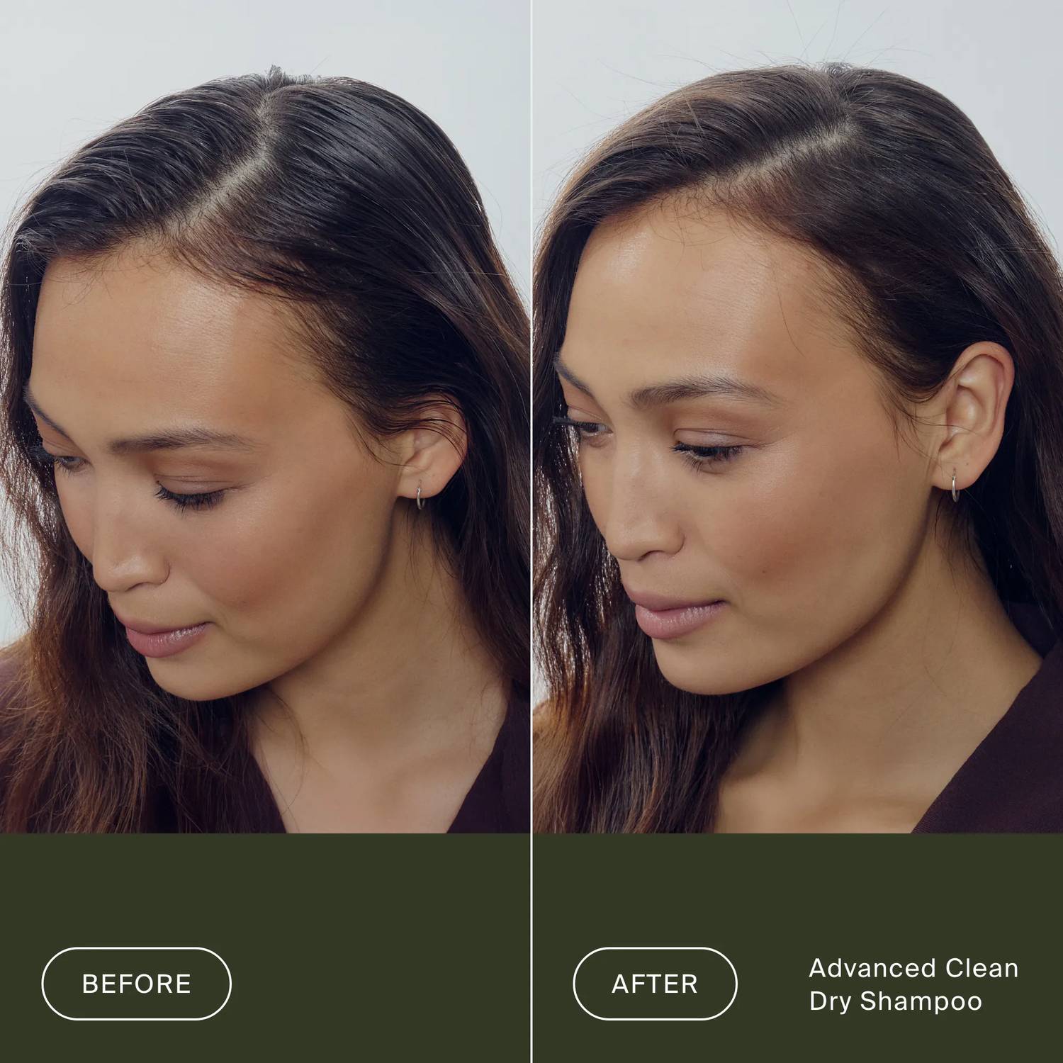 Before and after Living Proof Advanced Clean Dry Shampoo turning oily roots at a side part into clean fresh hair