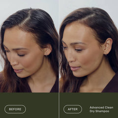Before and after Living Proof Advanced Clean Dry Shampoo turning oily roots at a side part into clean fresh hair