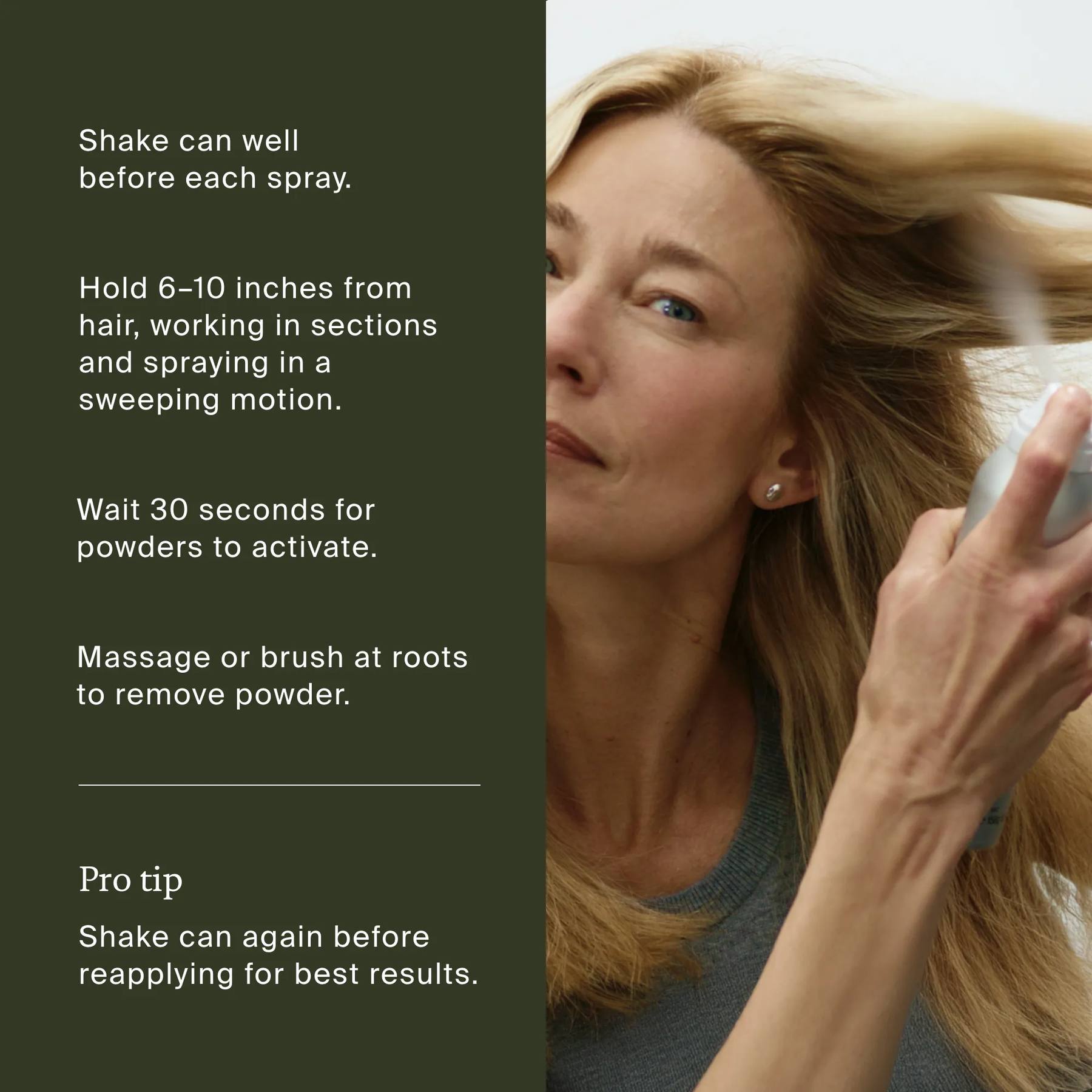 How to use Living Proof Advanced Clean Dry Shampoo by spraying 6 to 10 inches from roots then waiting and brushing out