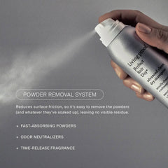 Hand spraying Living Proof Advanced Clean Dry Shampoo with powder removal system odor neutralizers and fragrance