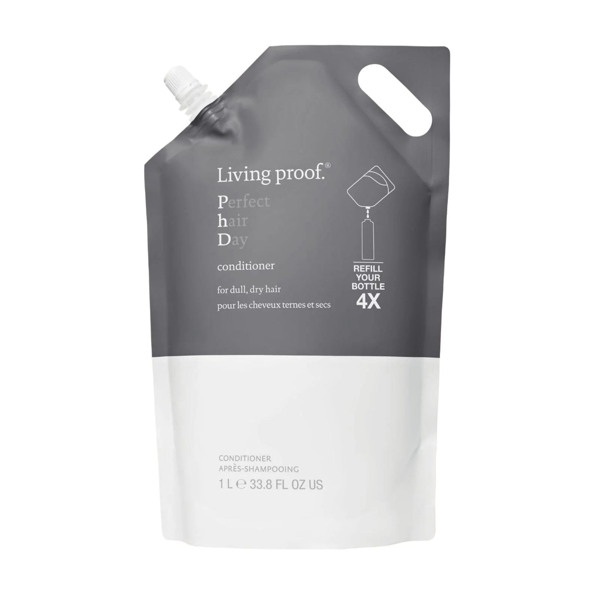 Living Proof Perfect Hair Day Conditioner 1 liter refill pouch that refills your bottle 4 times on white