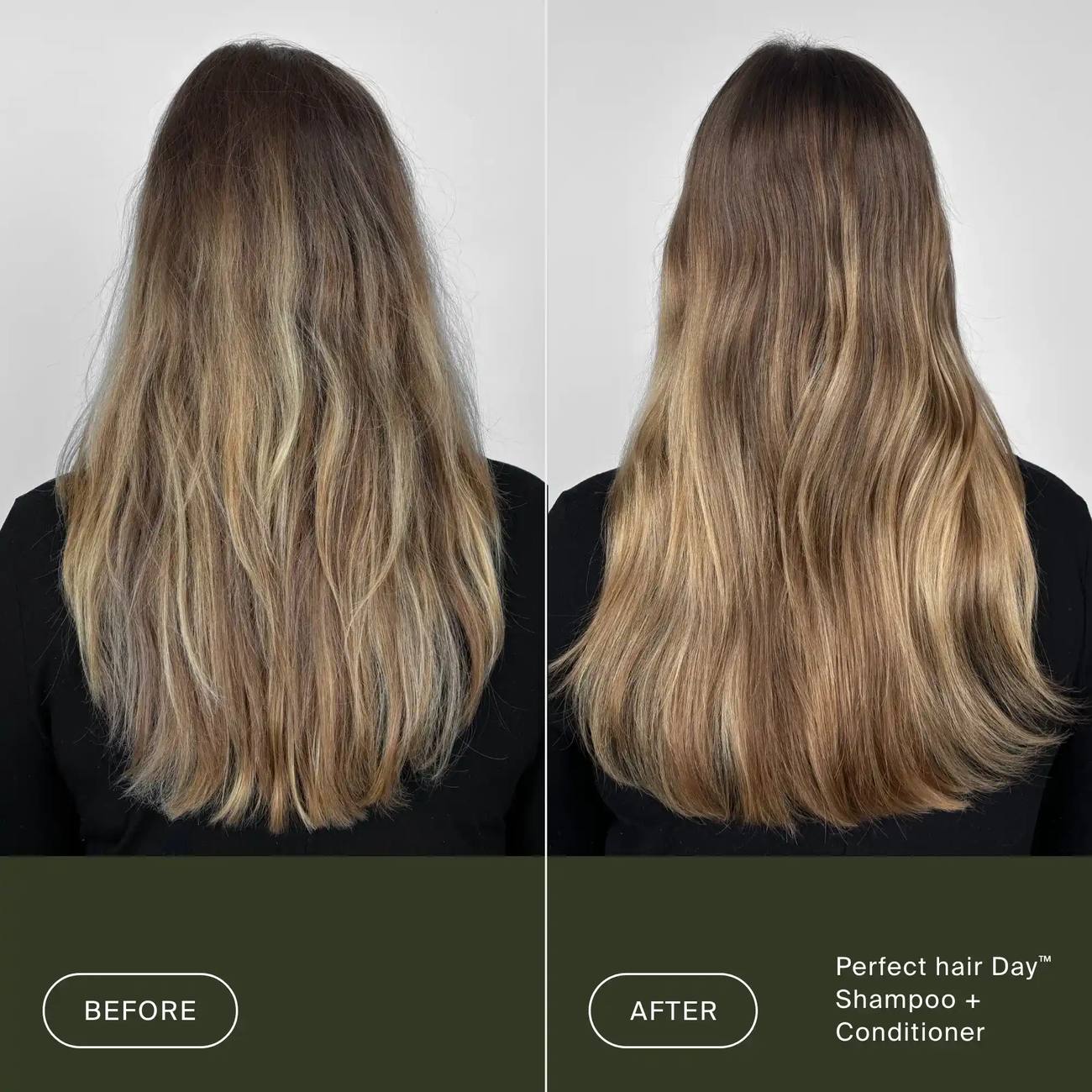 Before and after Living Proof Perfect Hair Day Conditioner on long highlighted hair for softer shinier lengths