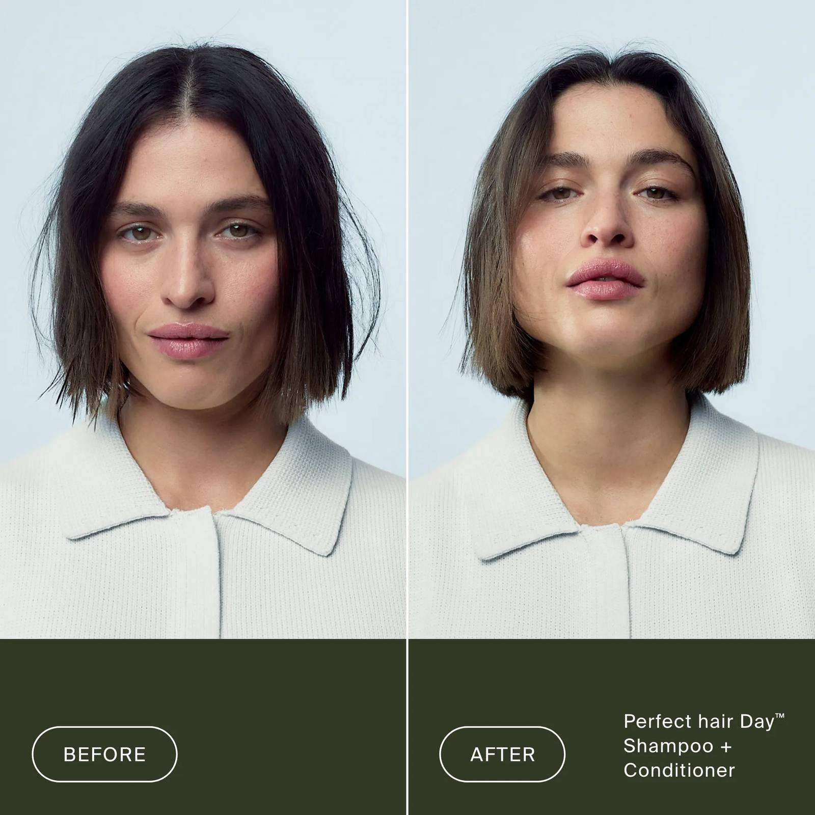 Before and after Perfect Hair Day Shampoo and Conditioner turning a dry flyaway bob into a smooth glossy style