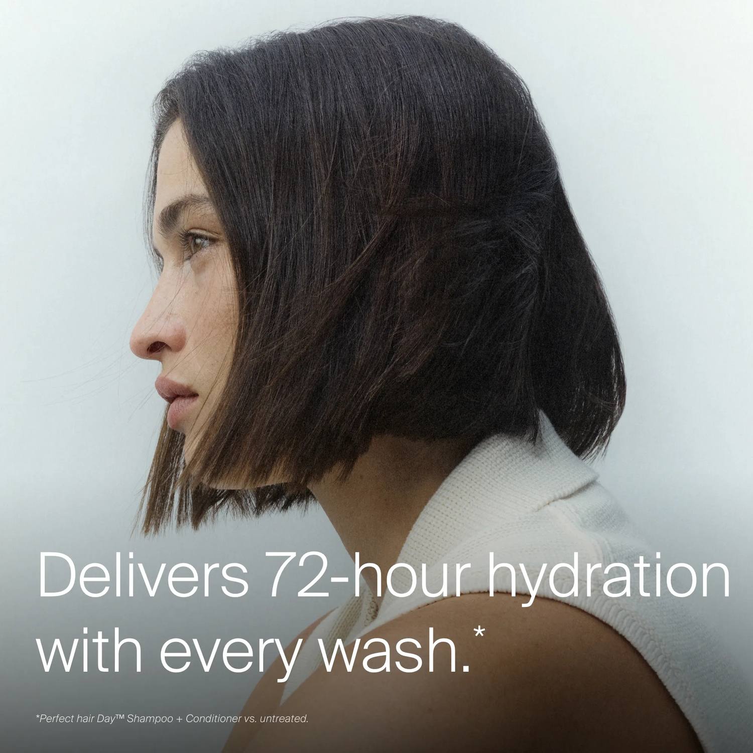 Woman with a glossy dark bob in profile showing Perfect Hair Day Conditioner delivers 72-hour hydration