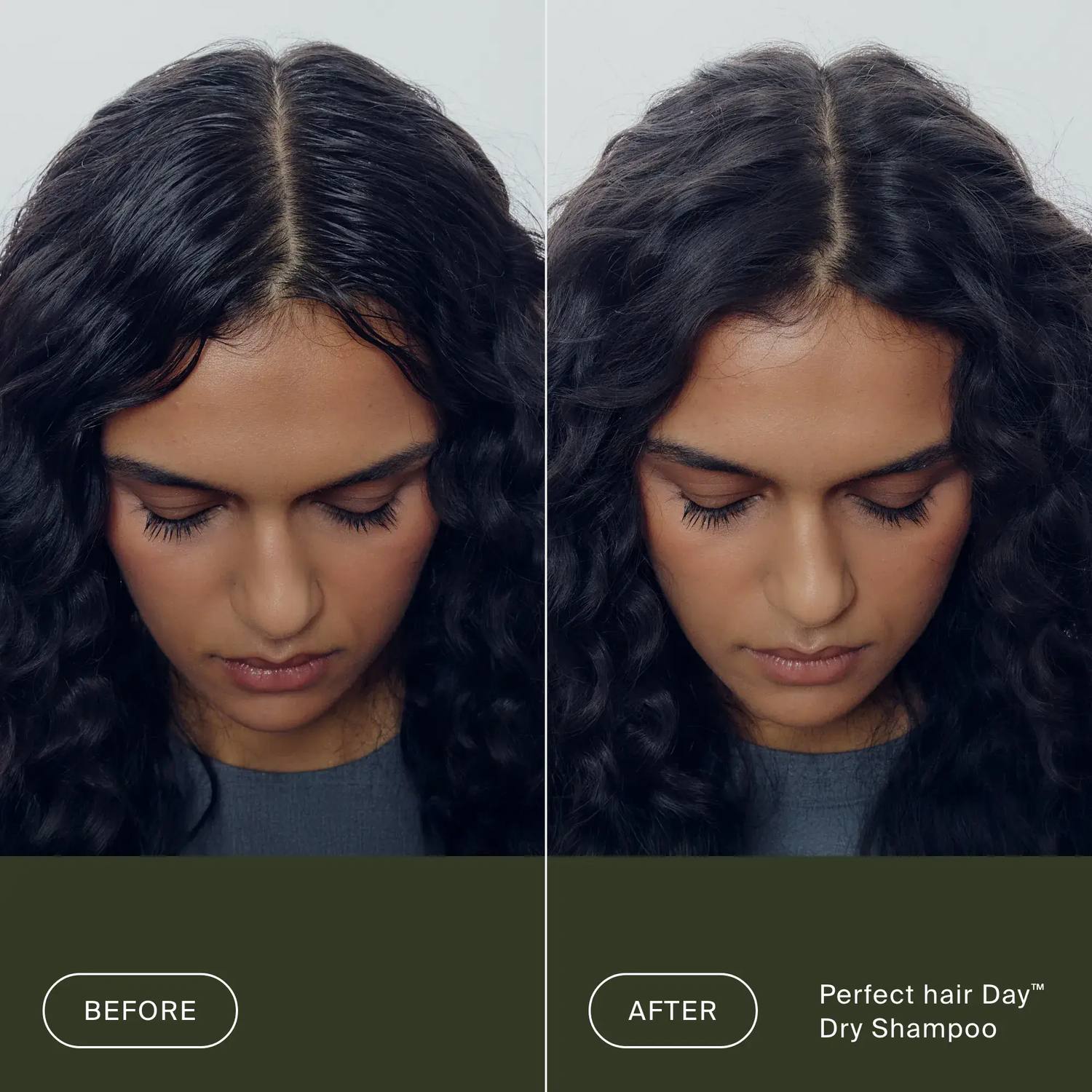 Before and after Living Proof Perfect hair Day Dry Shampoo reviving oily roots on curly dark hair