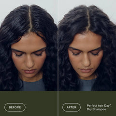 Before and after Living Proof Perfect hair Day Dry Shampoo reviving oily roots on curly dark hair