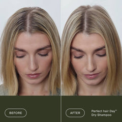 Before and after Living Proof Perfect hair Day Dry Shampoo refreshing oily roots on straight blonde hair
