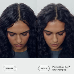 Before and after Perfect hair Day Dry Shampoo from the Classic Clean Set reviving oily roots on curly dark hair