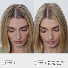 Before and after Perfect hair Day Dry Shampoo from the Classic Clean Set refreshing oily roots on straight blonde hair