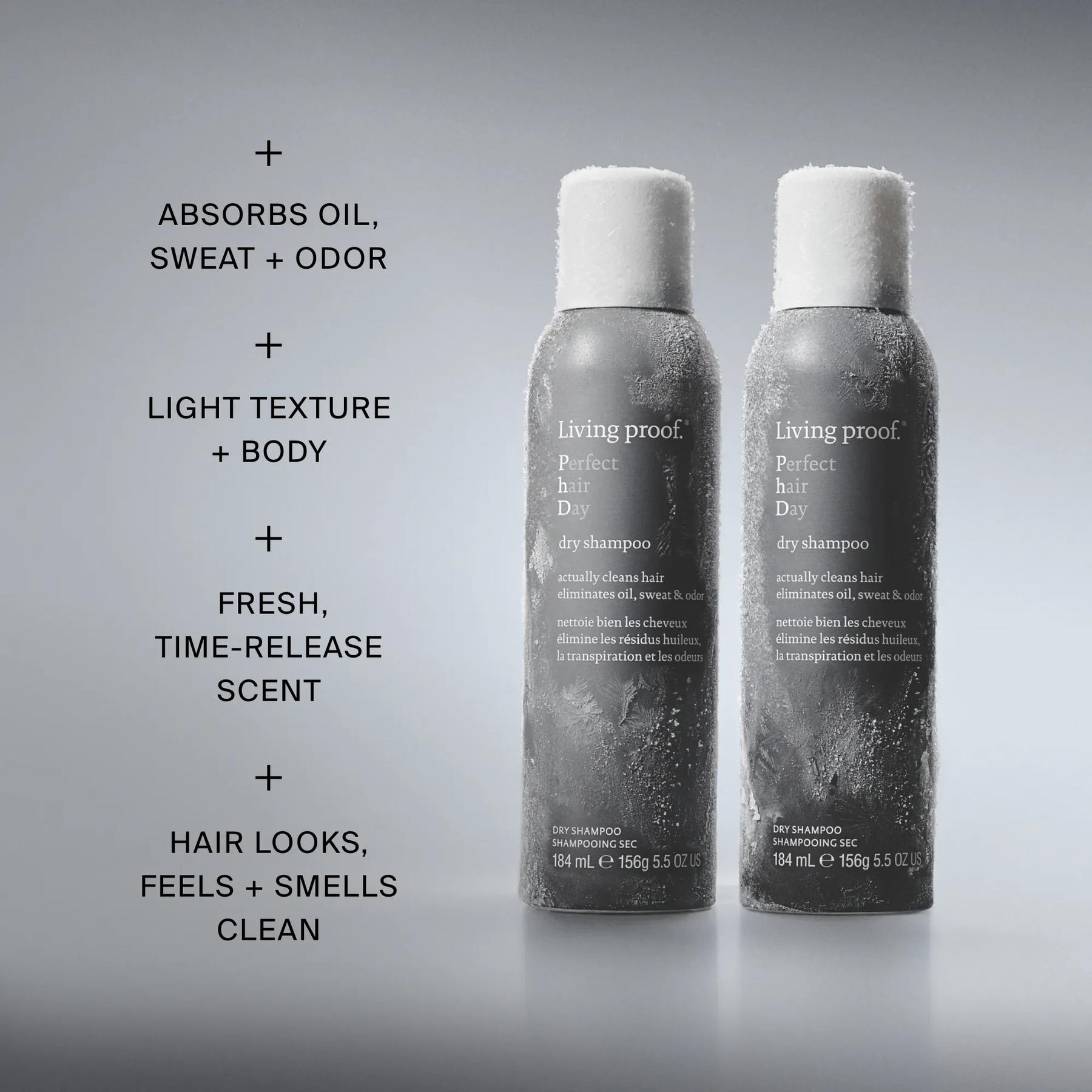 Two frosted Perfect hair Day Dry Shampoo cans that absorb oil sweat and odor and add light texture and body