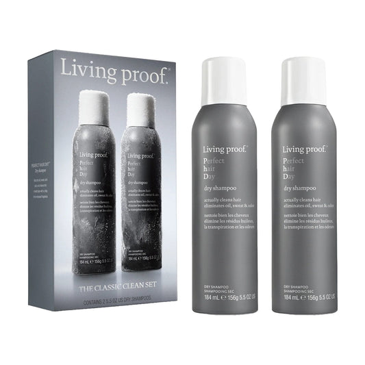 Living Proof Perfect hair Day Dry Shampoo Classic Clean Set gift box with two 5.5 oz dry shampoo cans on white