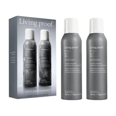 Living Proof Perfect hair Day Dry Shampoo Classic Clean Set gift box with two 5.5 oz dry shampoo cans on white