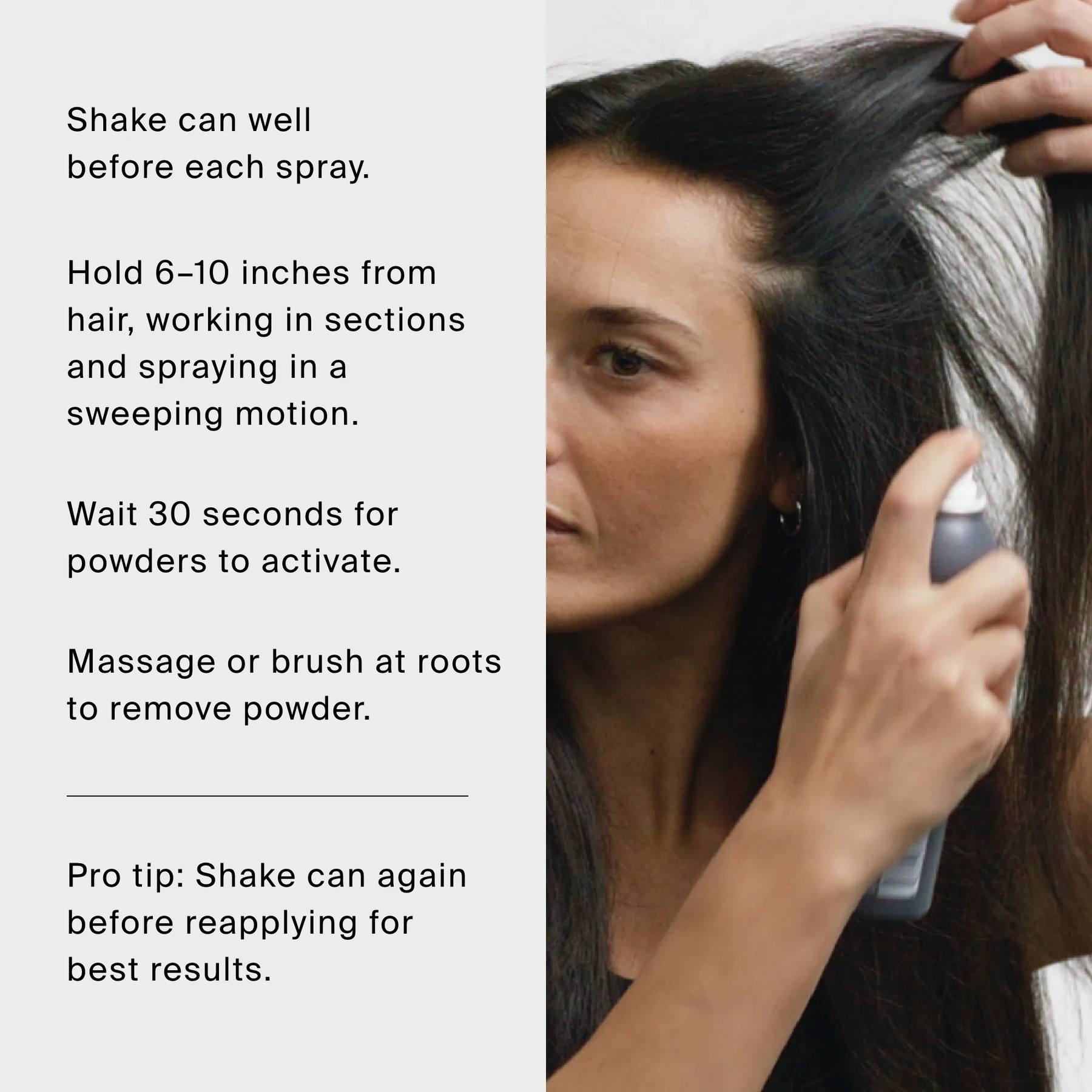 How to use Perfect hair Day Dry Shampoo by shaking the can and spraying roots 6 to 10 inches away in sections