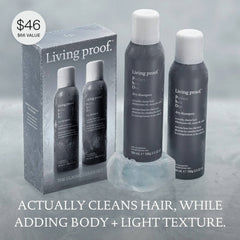 Living Proof Classic Clean Set gift box and two Perfect hair Day Dry Shampoo cans styled on ice and frost