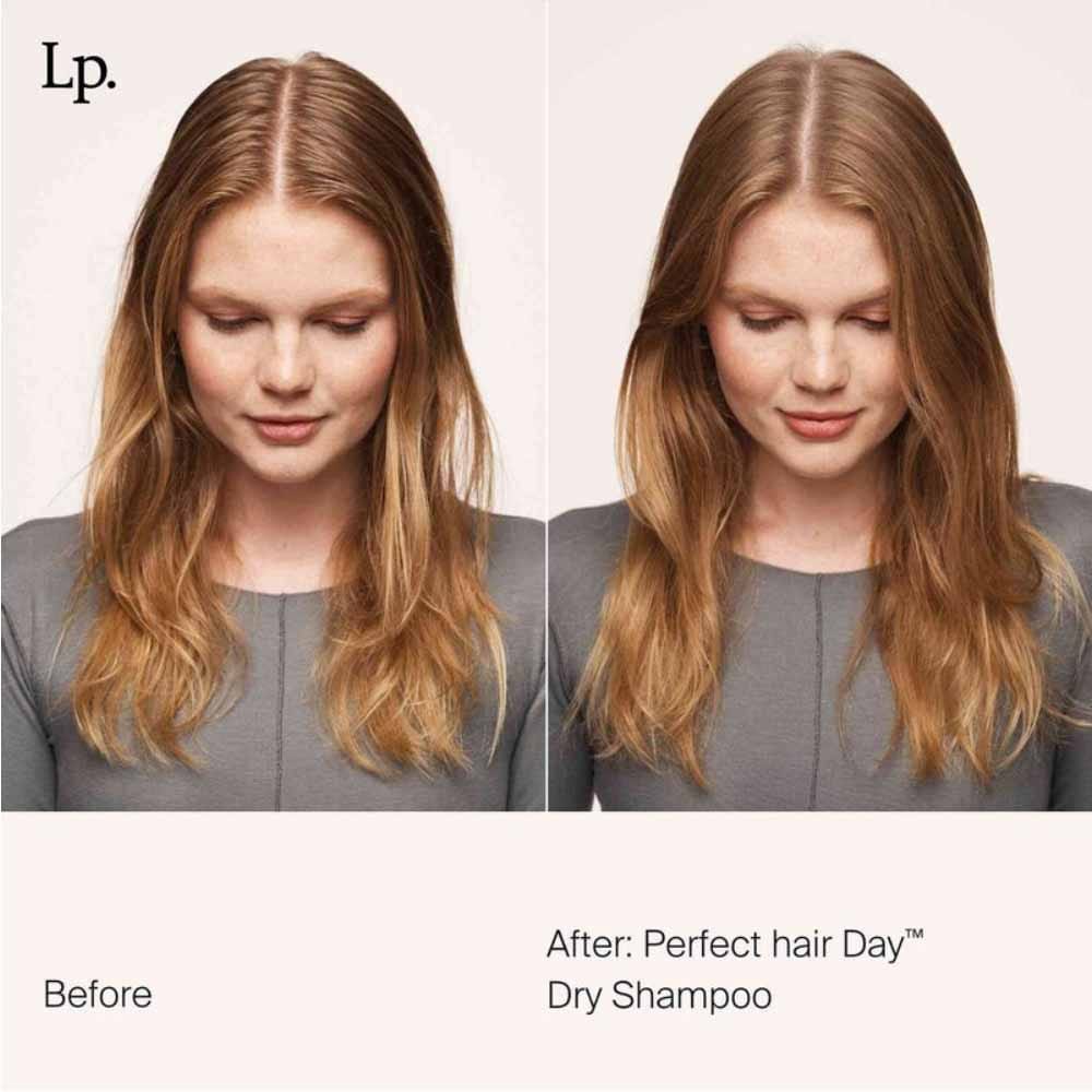 Before and after Perfect hair Day Dry Shampoo Warm Vanilla Scent refreshing oily roots on long auburn hair