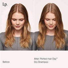 Before and after Perfect hair Day Dry Shampoo Warm Vanilla Scent refreshing oily roots on long auburn hair
