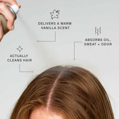 Spraying Perfect hair Day Dry Shampoo Warm Vanilla Scent at the roots to clean hair and absorb oil sweat and odor