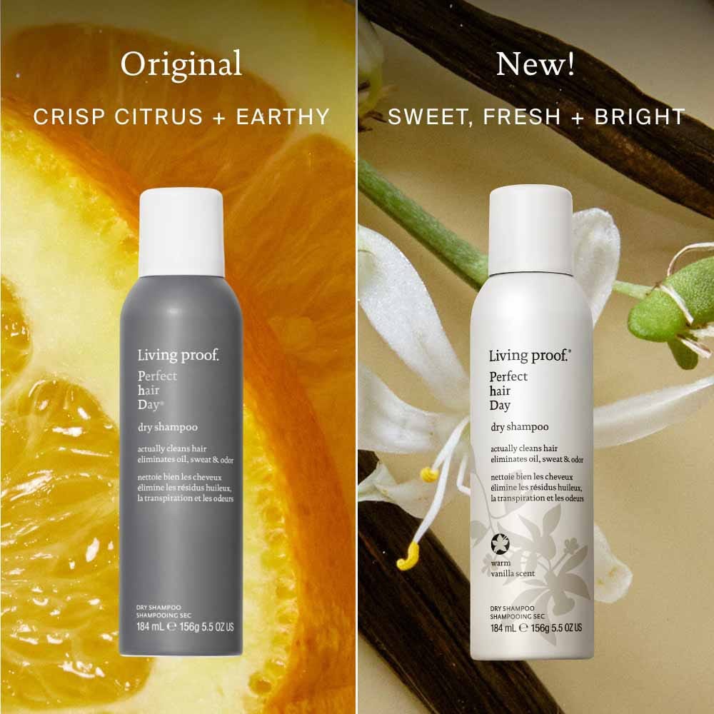 Original crisp citrus Perfect hair Day Dry Shampoo next to the new sweet fresh and bright Warm Vanilla Scent can