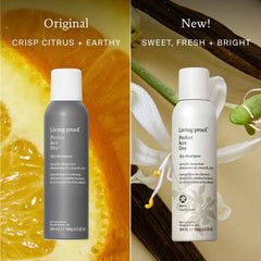 Original crisp citrus Perfect hair Day Dry Shampoo next to the new sweet fresh and bright Warm Vanilla Scent can