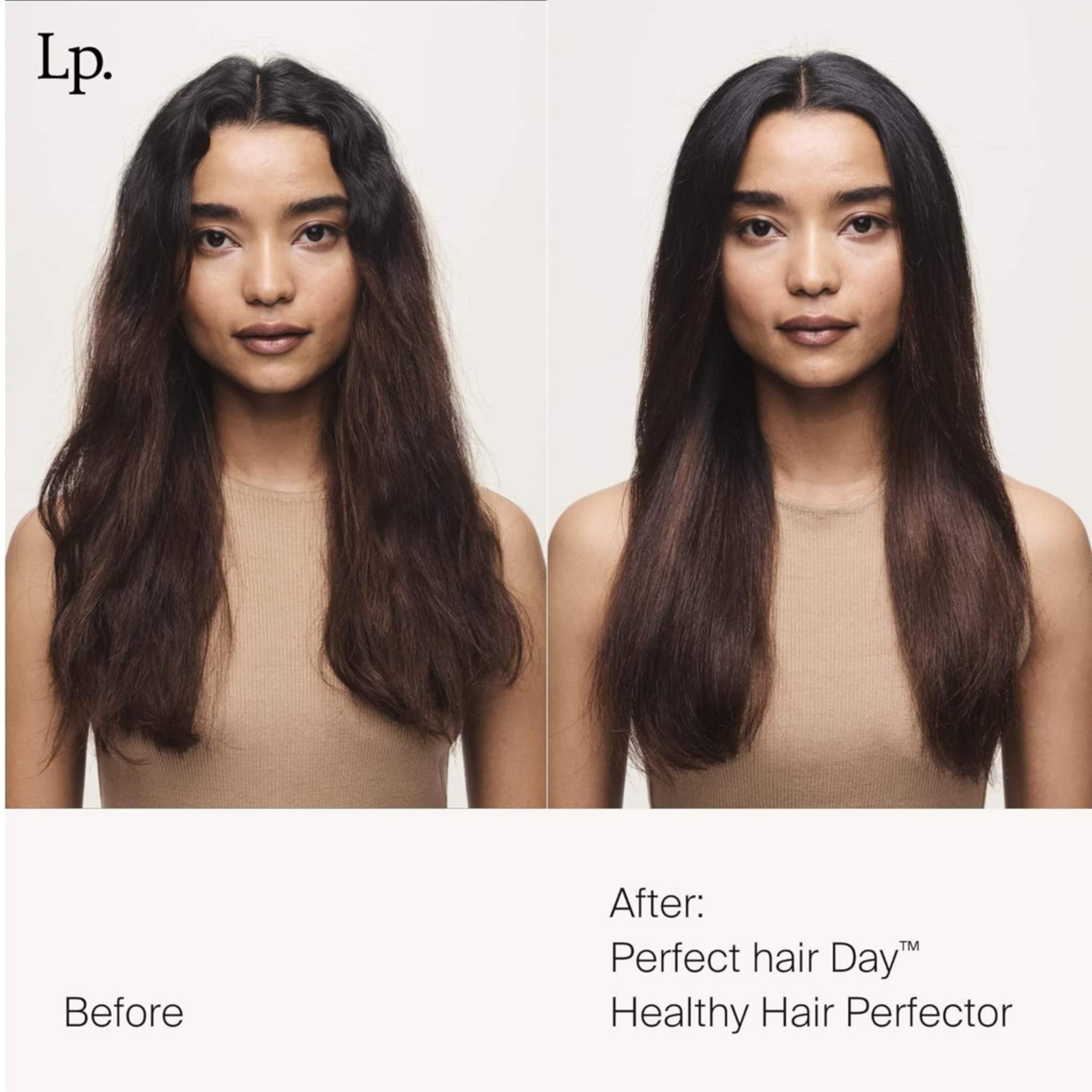 Dark brown frizzy hair before and after Perfect hair Day Healthy Hair Perfector showing smoother shinier strands